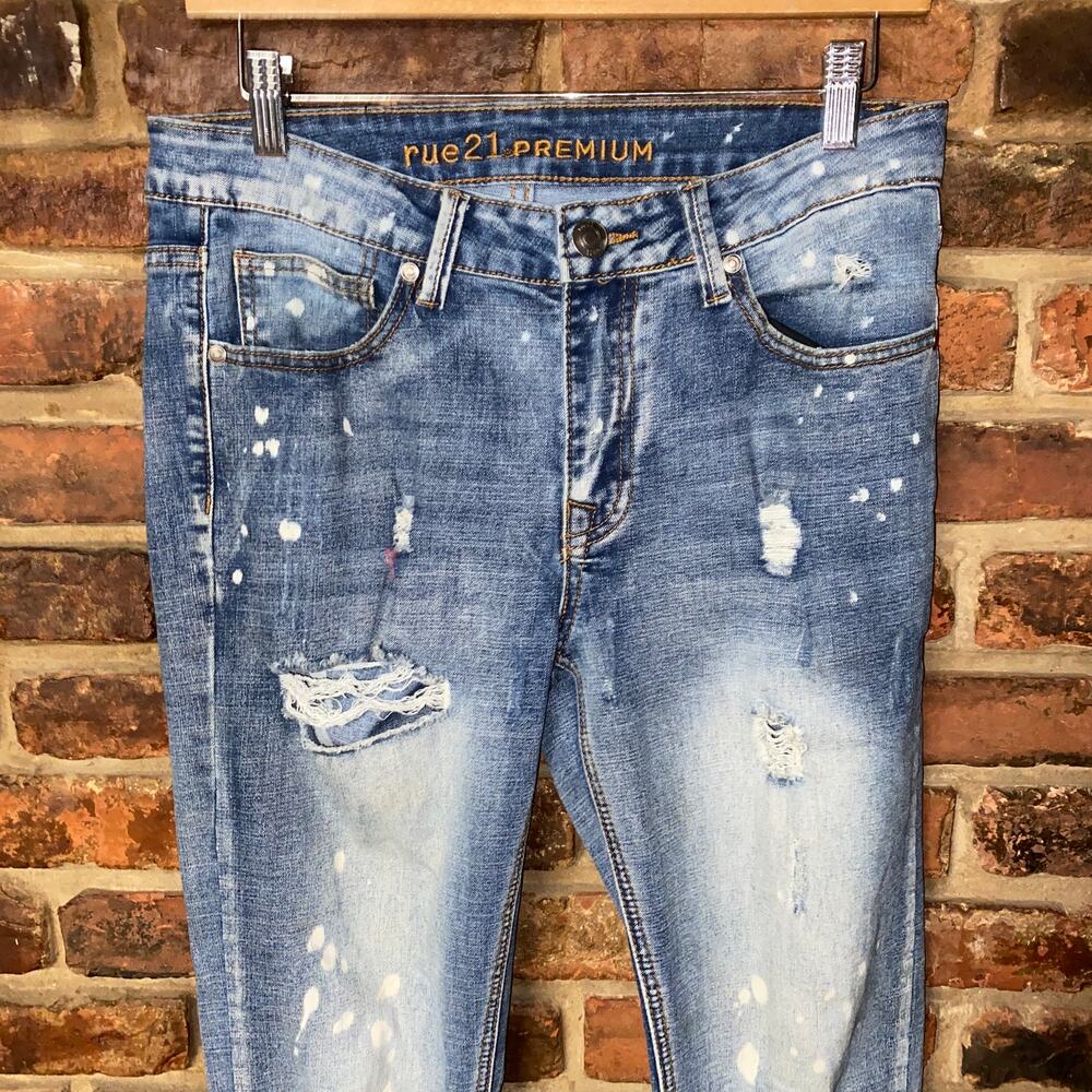 Rue 21 Blue Distressed Bleach Splatter Denim Skinny Supreme Flex Jeans 30x30 - Picture 2 of 6